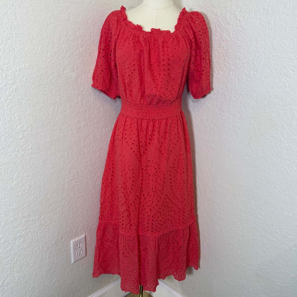 Midi Dress Betsey Johnson Women‎ L Coral Pink Eyelet Smocked Ruffle Summer
